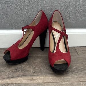 Marc Fisher Red and Black T-Strap Heels